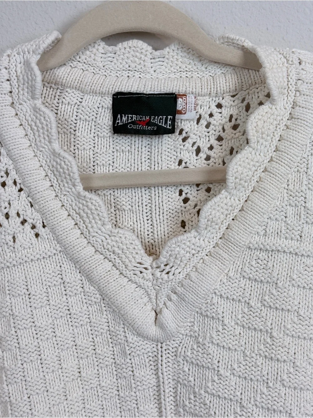 Vintage 90s American Eagle Outfitters Cream Patchwork V-Neck Knit Sweater USA M